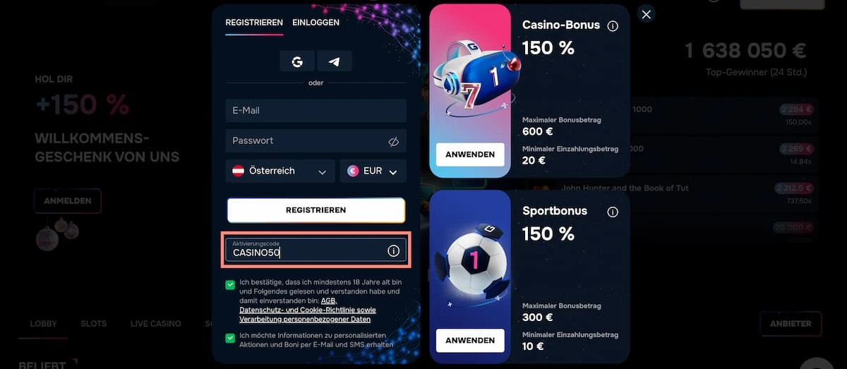 gizbo casino bonus code für 50 freispiele in österreich